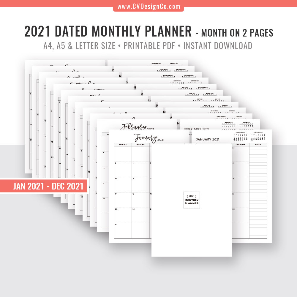 2021 Monthly Planner, 12 Month Calendar, Monthly Organizer-Monthly 2 Page Calendar 2021 Printable