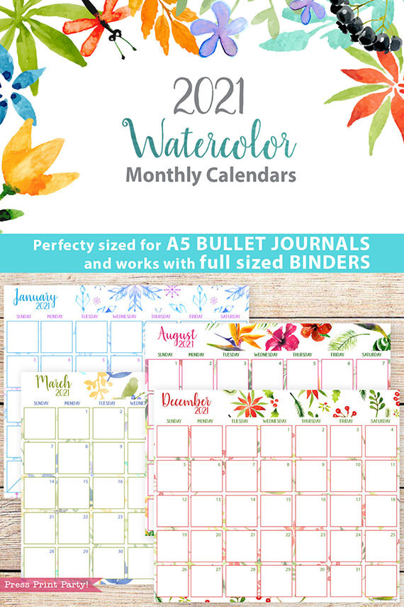 2021 Monthly Printable Calendars, Watercolor - Press Print-Free Printable 2021 Calendars-Monthly