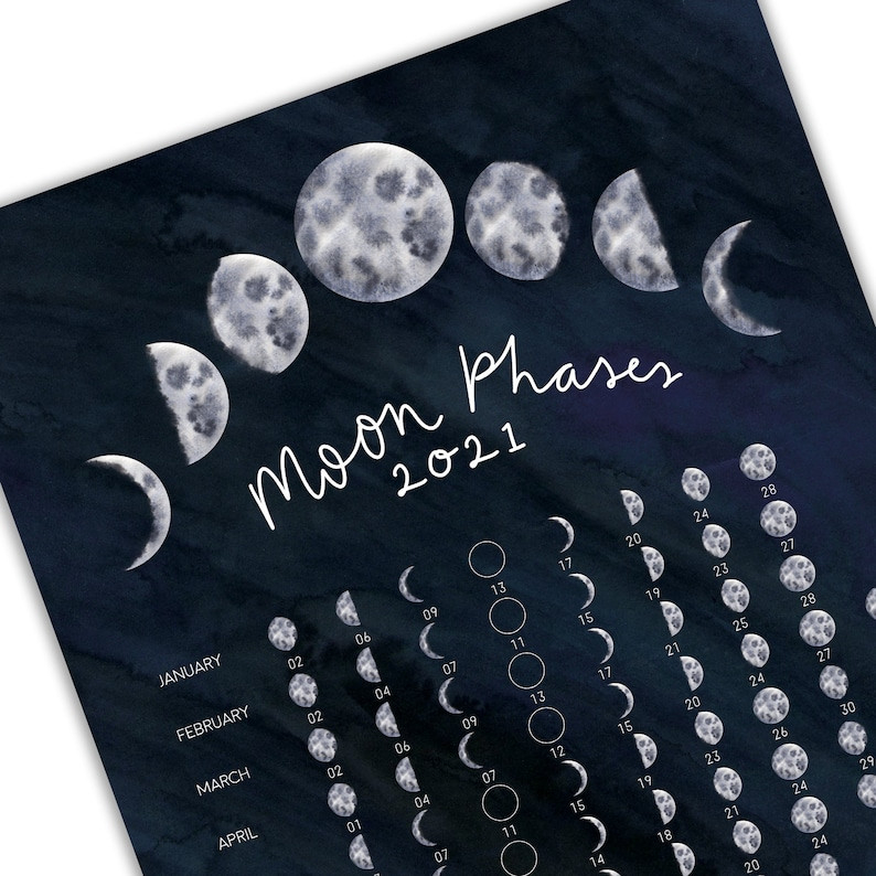 2021 Moon Phases Chart Print Lunar Cycle Calendar Poster-Printable Yearly Full Moon Calendar For 2021