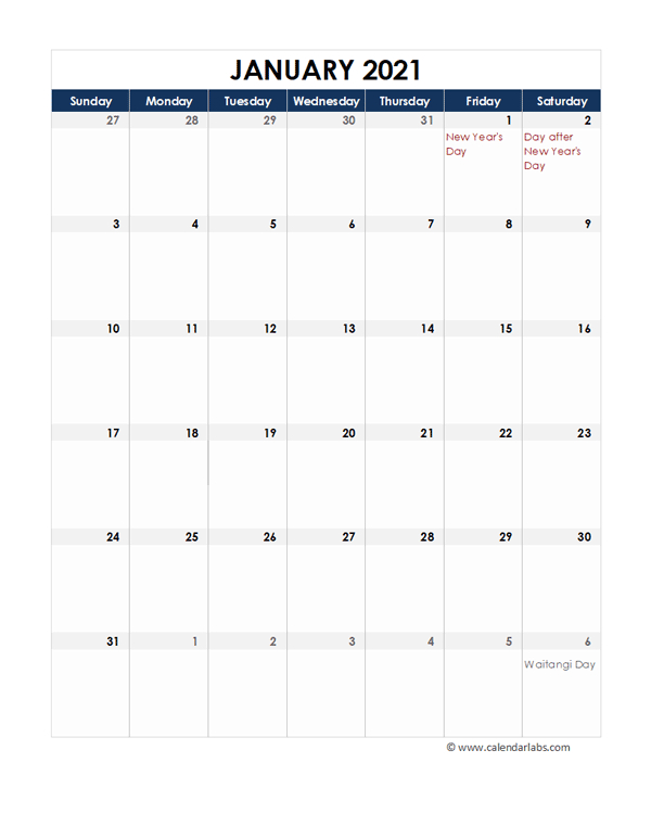 2021 New Zealand Calendar Spreadsheet Template - Free-January 2021 Calendar Nz Printable