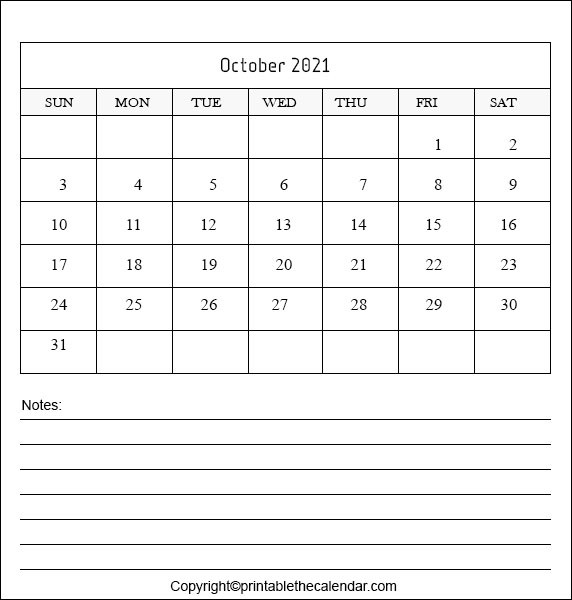 2021 October Blank Calendar With Notes | Printable The-Printable Bill Calendar 2021 Monthly