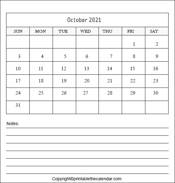2021 October Blank Calendar With Notes | Printable The-Printable Calendar For Bills 2021