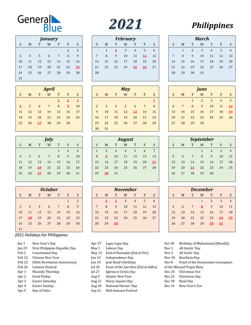 2021 Philippines Calendar With Holidays-2021 Vacation Calendar