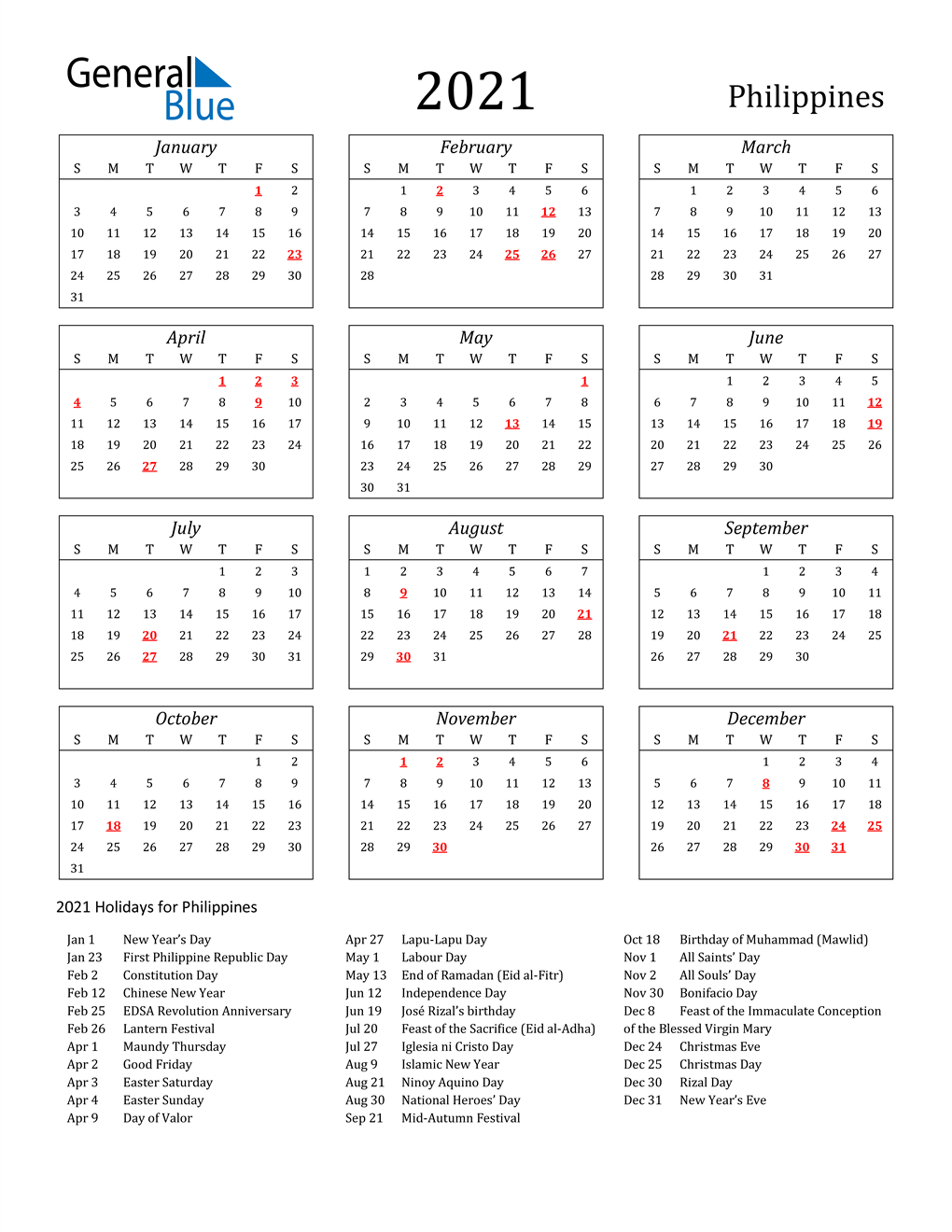 2021 Philippines Calendar With Holidays-Printable 2021 Vacation Calender