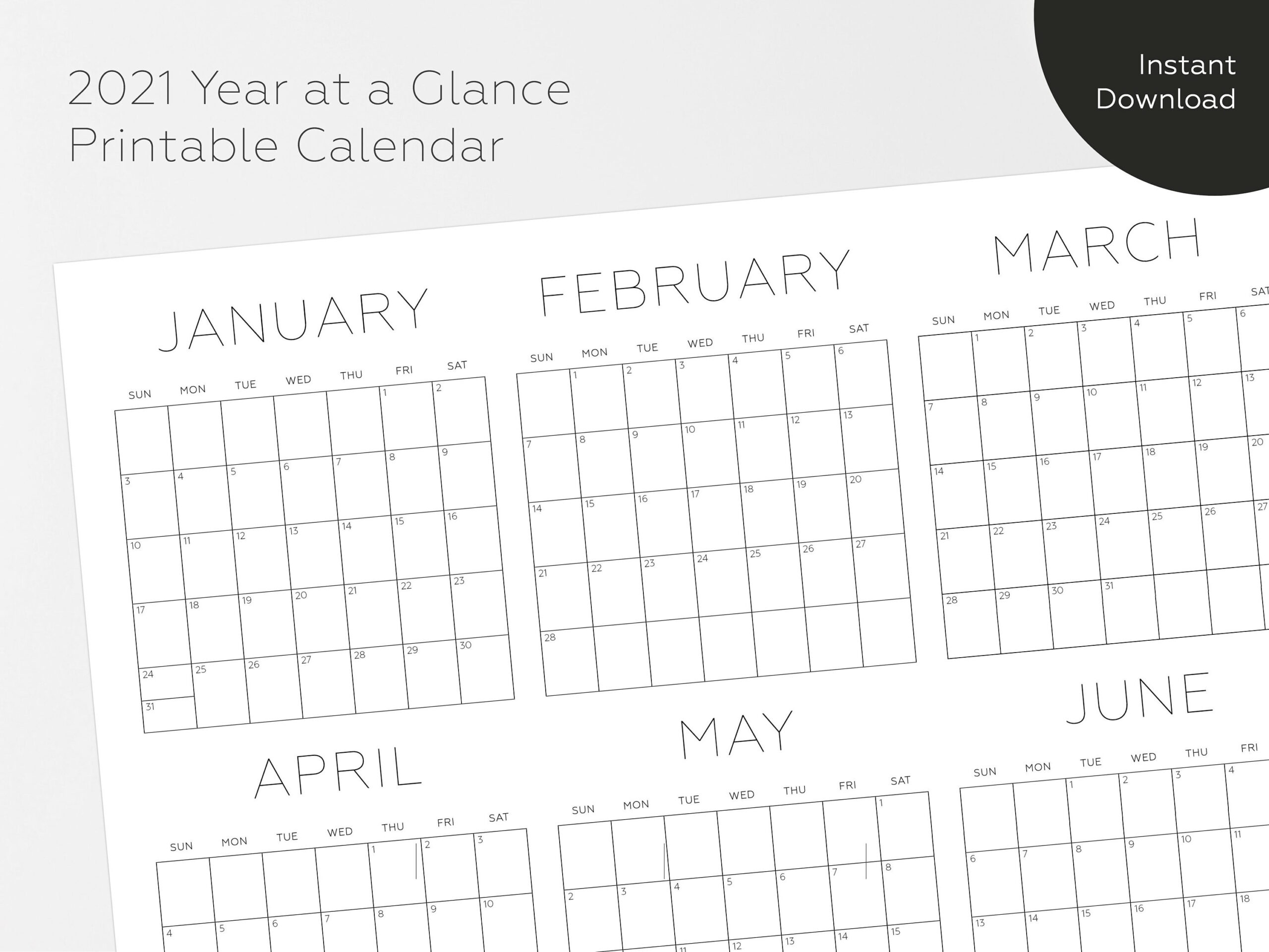 2021 Printable Calendar Year At A Glance Calendar 2021-Large Number 2021 Free Calendar