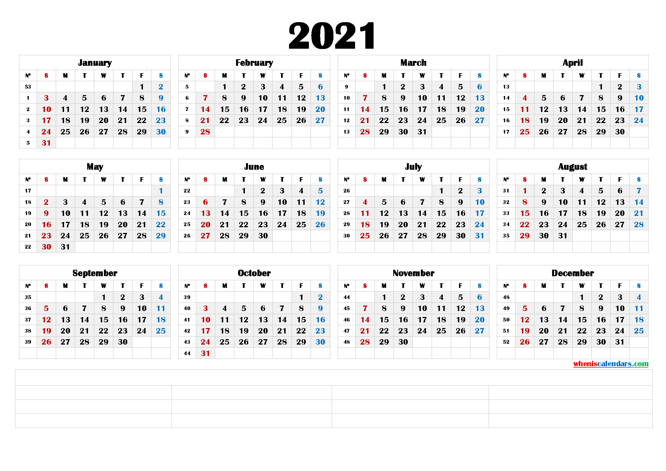 2021 Printable Yearly Calendar With Week Numbers (6 Templates)-Calendar 2021 With Week Numbers