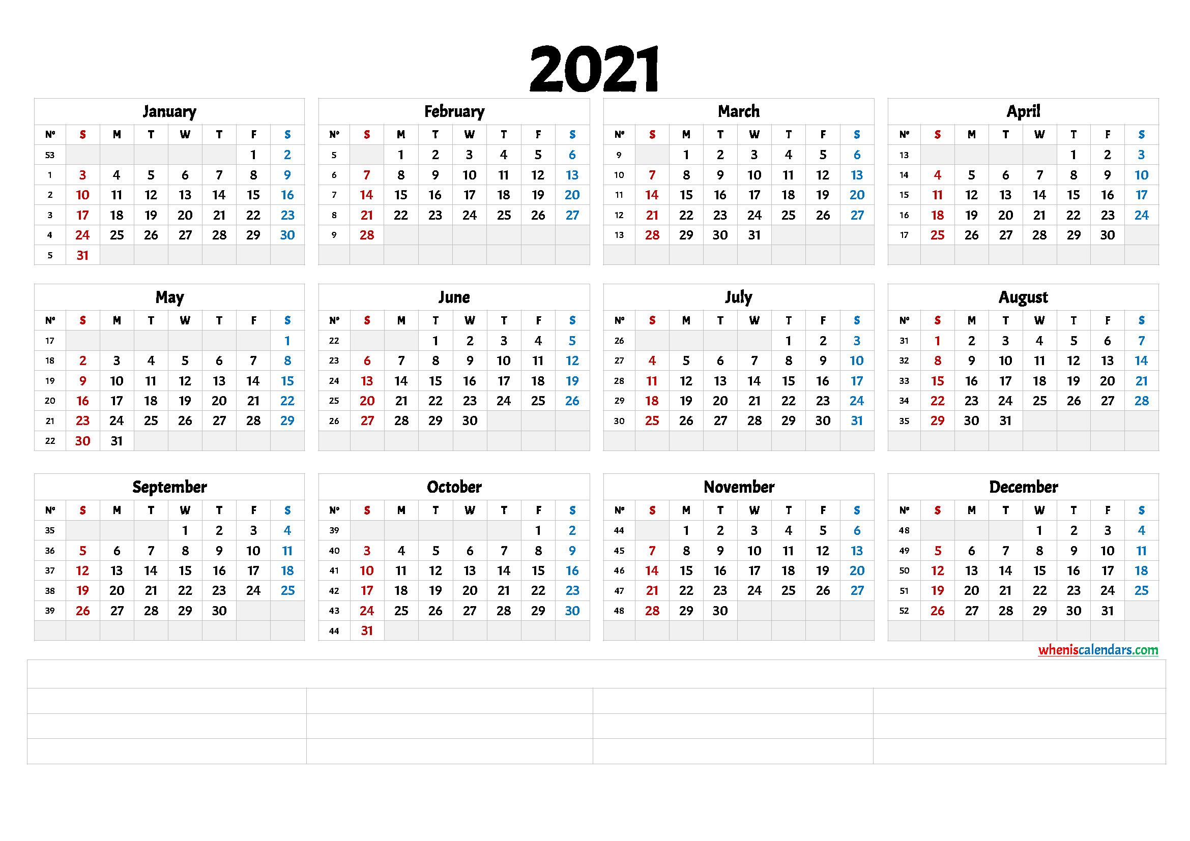 2021 Printable Yearly Calendar With Week Numbers-Large Number 2021 Free Calendar