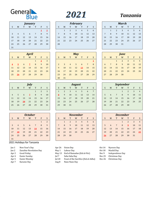 2021 Tanzania Calendar With Holidays-Printable List Of Holidays 2021