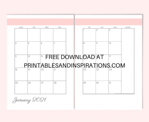 2021 Two Page Monthly Calendar Template - Free Printable-Free Printable Monthly Calendar Journal Pages 2021