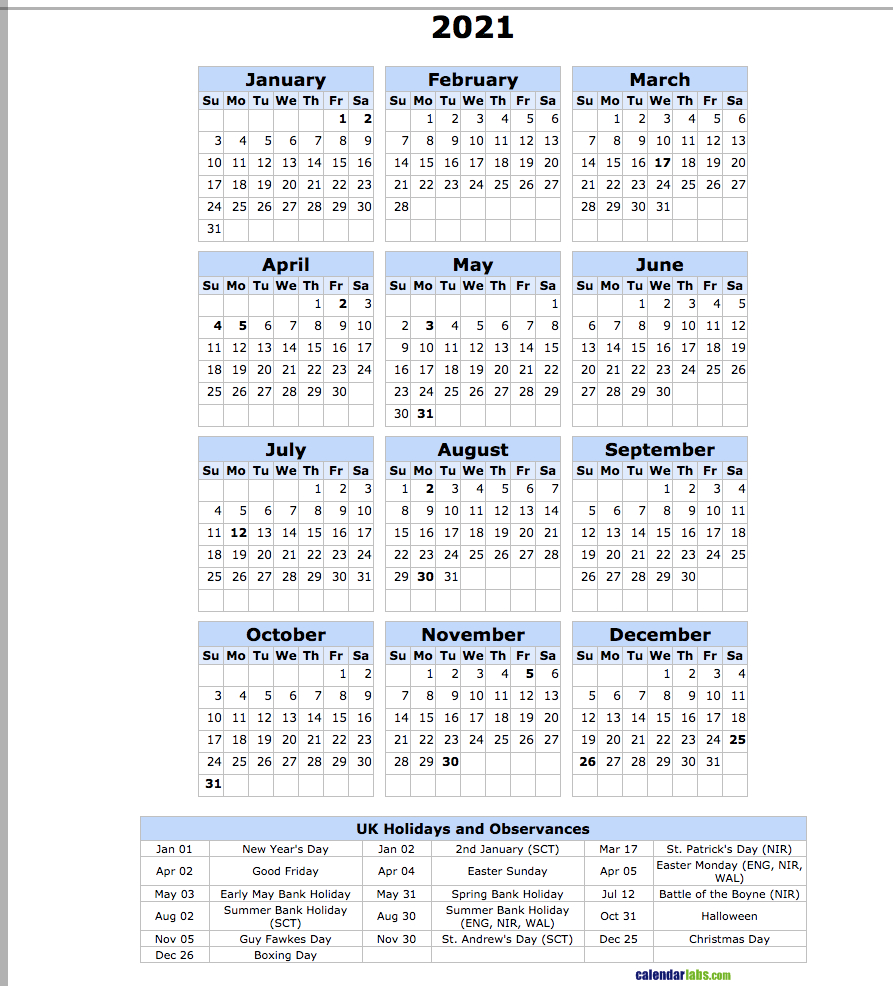 2021 Uk Holiday Calendar - United Kingdom Holidays-Printable 2021 Vacation Calendar