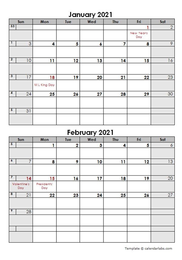 2021 Word Calendar Template Two Months In One Page - Free-2021 Printable Monthly 2 Page Planner