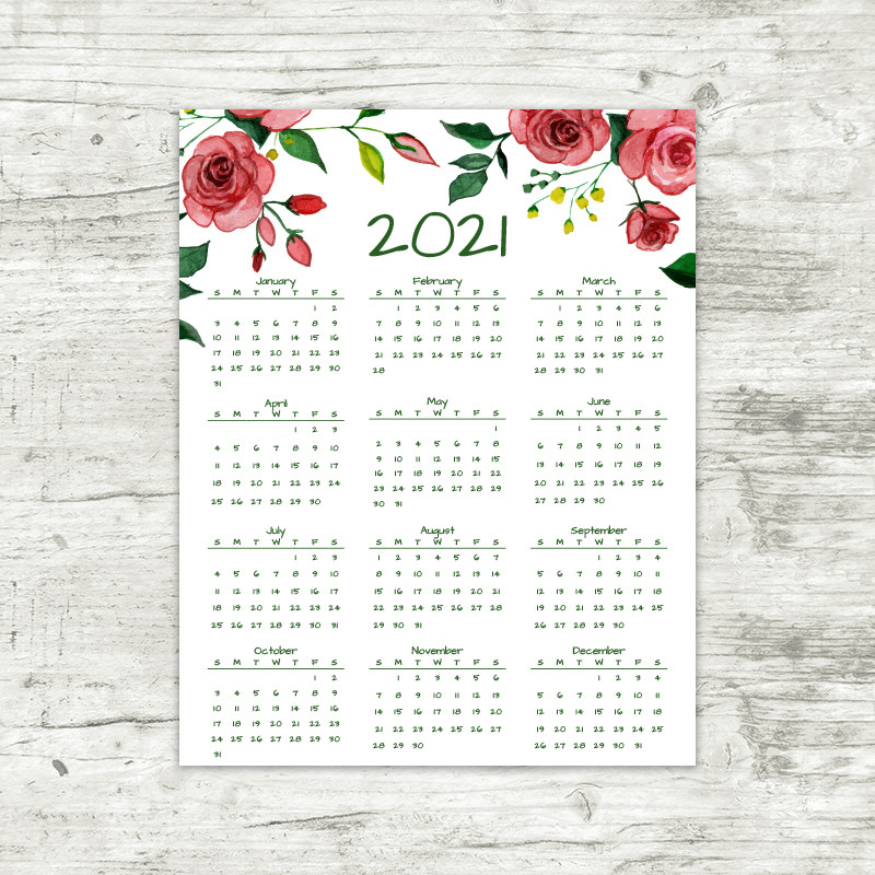 2021 Year At A Glance Calendar | Red Roses | Printable-2021 Yearly Calendar Printable Free