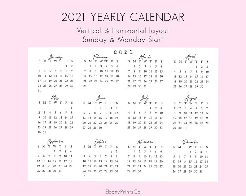 2021 Yearly Calendar 12 Month Overview Printable 2021 | Etsy-Calendar Month 2021