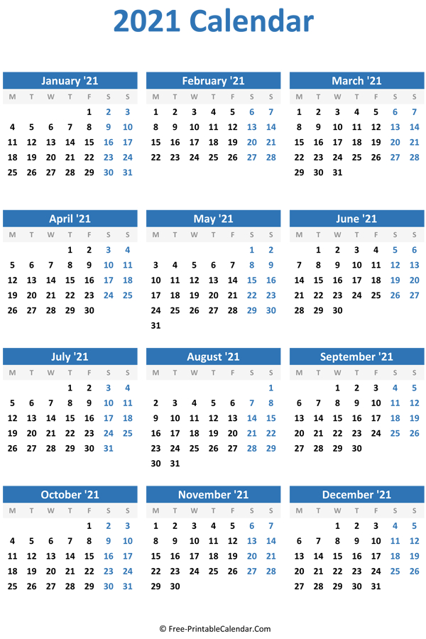 2021 Yearly Calendar-2021 Yearly Calendar Printable Free