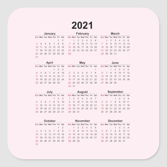 2021 Yearly Calendar On Pale Pink Square Sticker | Zazzle-2021 Calendar With Large Squares