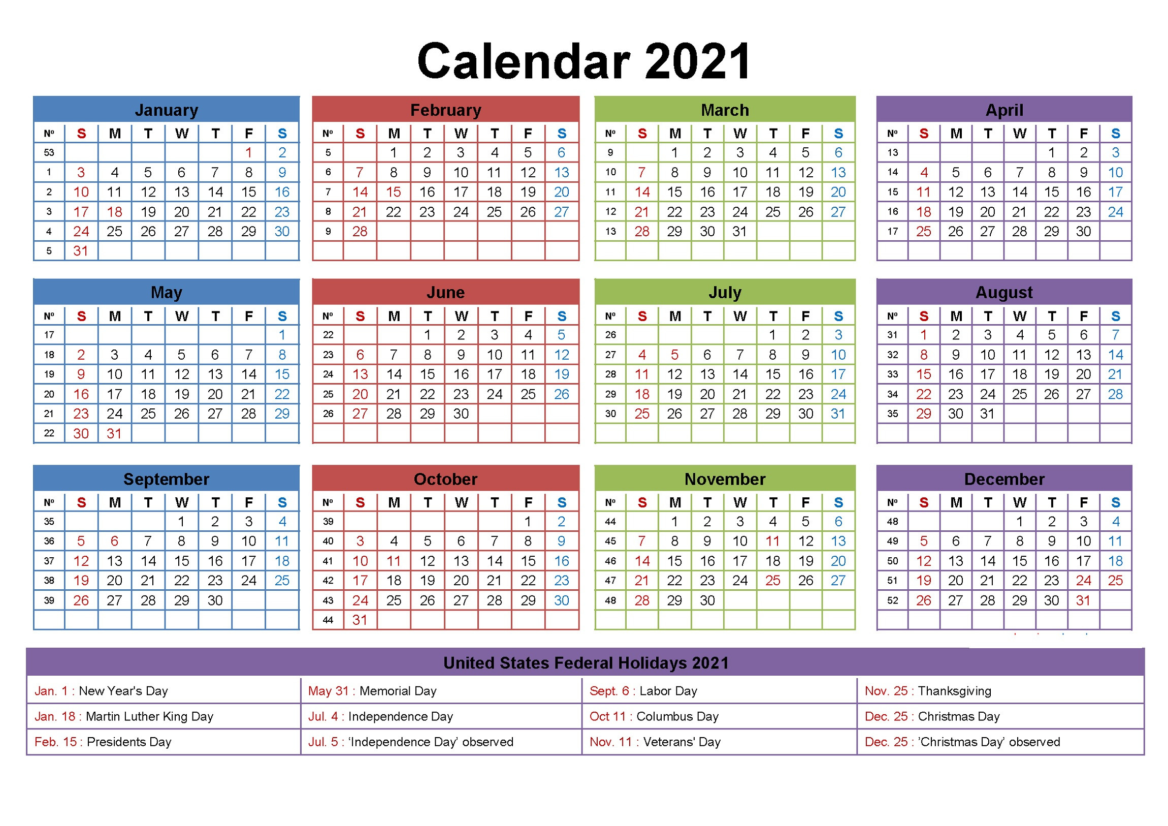 2021 Yearly Calendar With Holidays Templates | 101 Activity-2021 Vacation Calendar