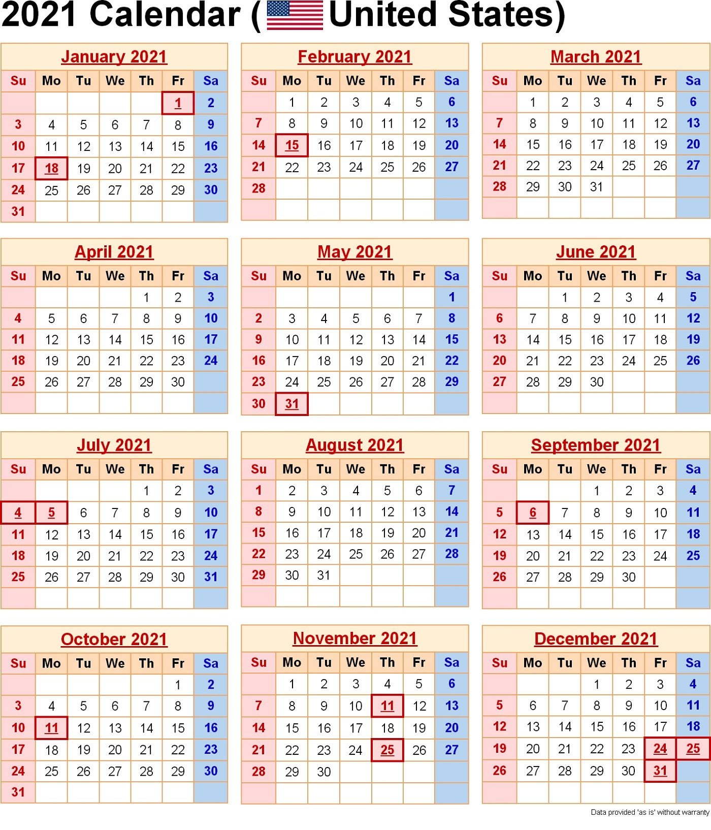 2021 Yearly Calendar With Holidays Templates | 101 Activity-2021 Vacation Schedule Calendar