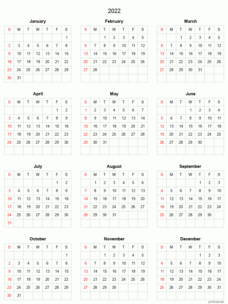 2022 Printable Calendar - Full-Year Calendar (Grid Style)-2021 Printable Calendar Free Full Page