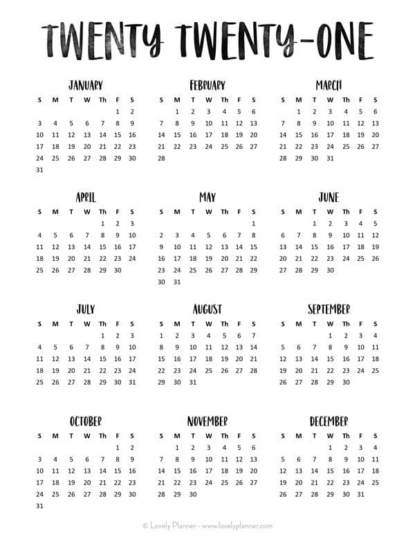24 Pretty (&amp; Free) Printable One Page Calendars For 2021-2021 Yearly Calendar One Page Printable