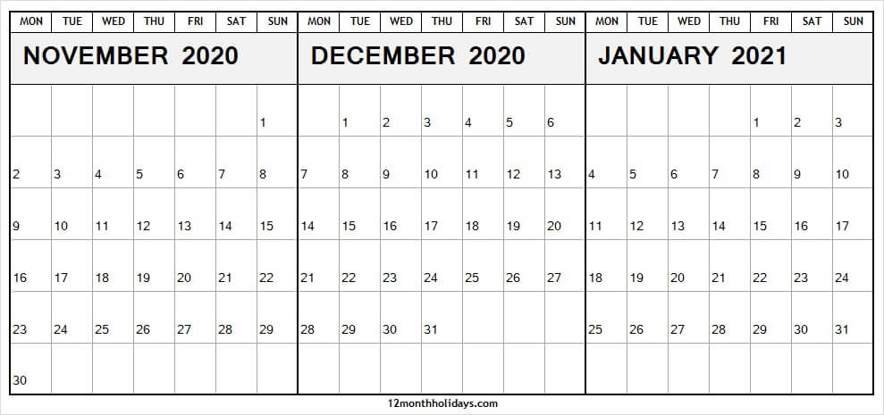 3 Month Calendar November December 2020 January 2021 | To-August Thru December Calander For 2021