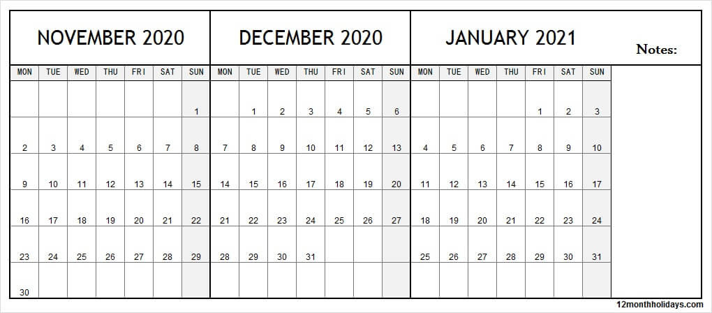 3 Month Calendar November December 2020 January 2021 | To-Printable Calendar 2021 3 Months
