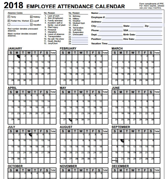 2021 Employee Absentee Calendar Calendar Template Printable