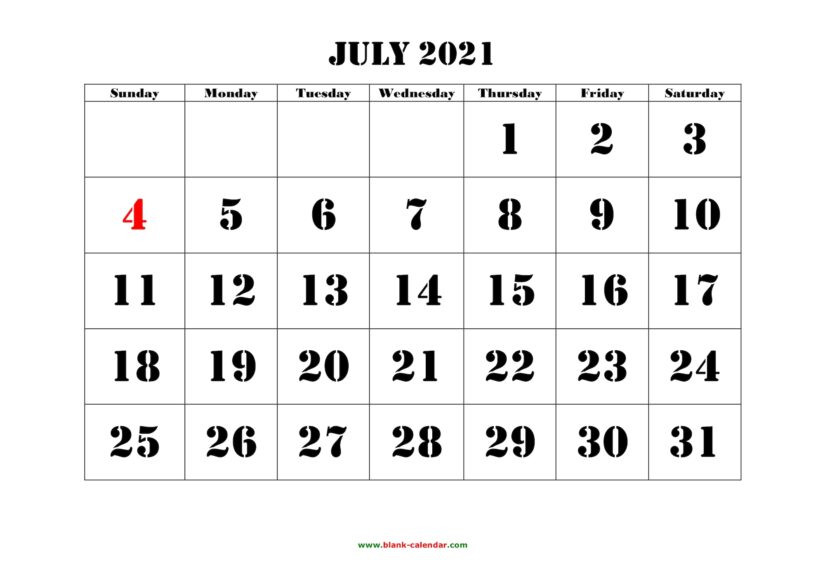 30 Free Printable July 2021 Calendars With Holidays-Large Number 2021 Free Calendar