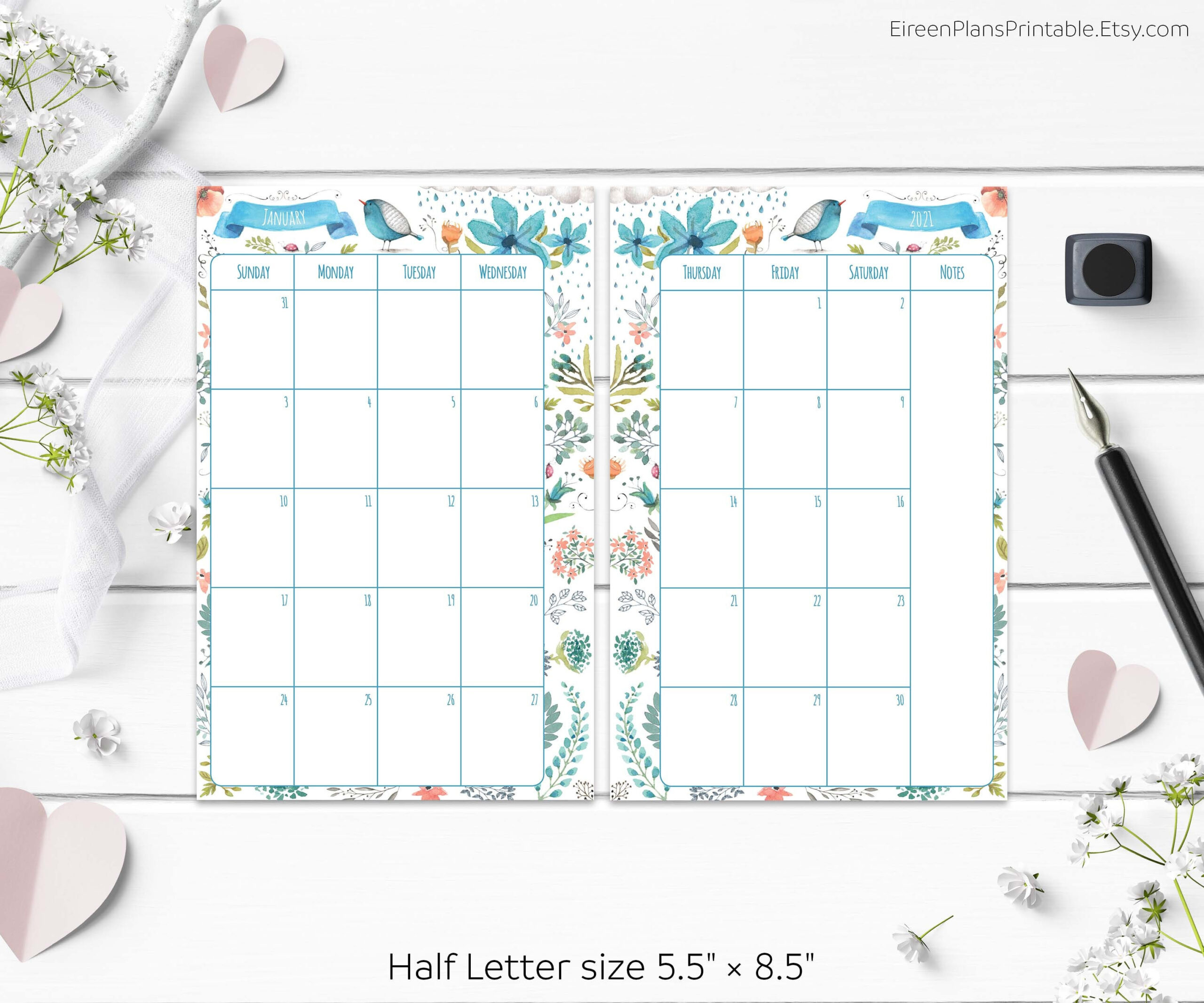 5.5 X 8.5 2021 Monthly Planner Printable Refill Calendar-2021 Half Page Monthly Calendar Template