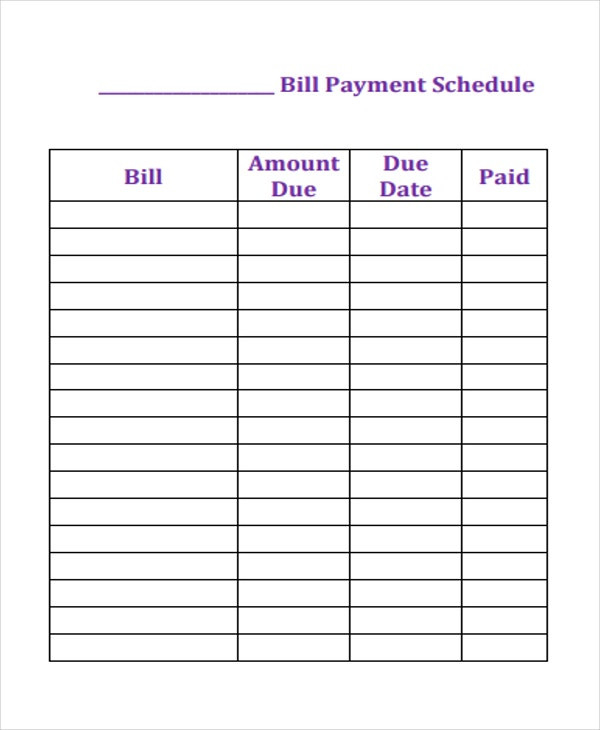 6+ Bill Payment Schedule Templates - Free Samples-Calendar Bill Pay Template 2021 Printable Free
