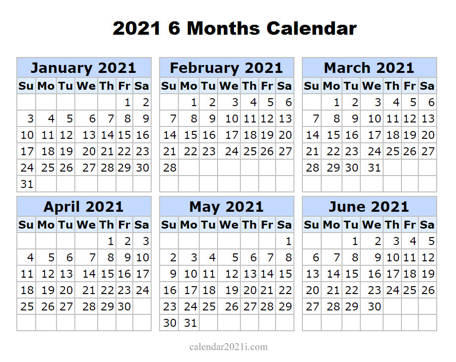6 Months 2021 Half Year Printable Calendar | Calendar 2021-2021 Calendar Template 2 To A Page