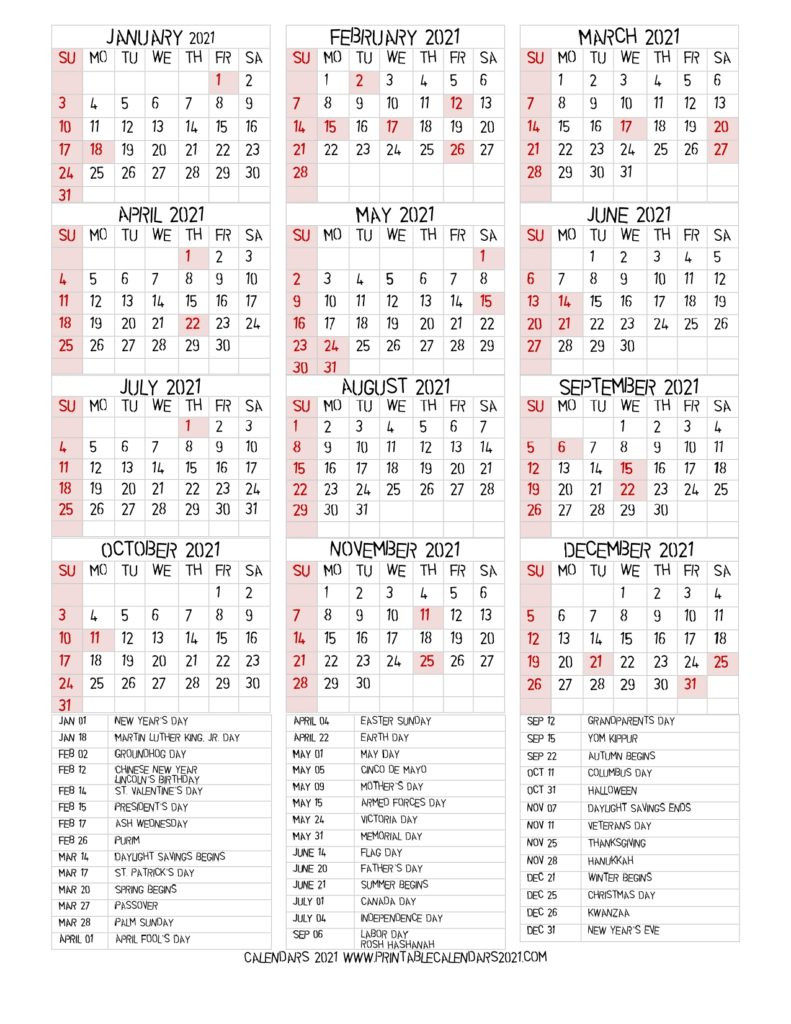68+ Printable 2021 Yearly Calendar With Holidays, Portrait-Printable 2021 Vacation Calendar