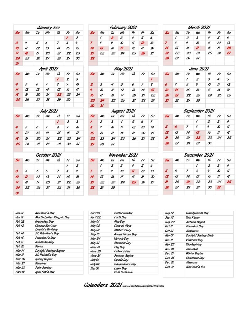 68+ Printable 2021 Yearly Calendar With Holidays, Portrait-Printable 2021 Vacation Calendar