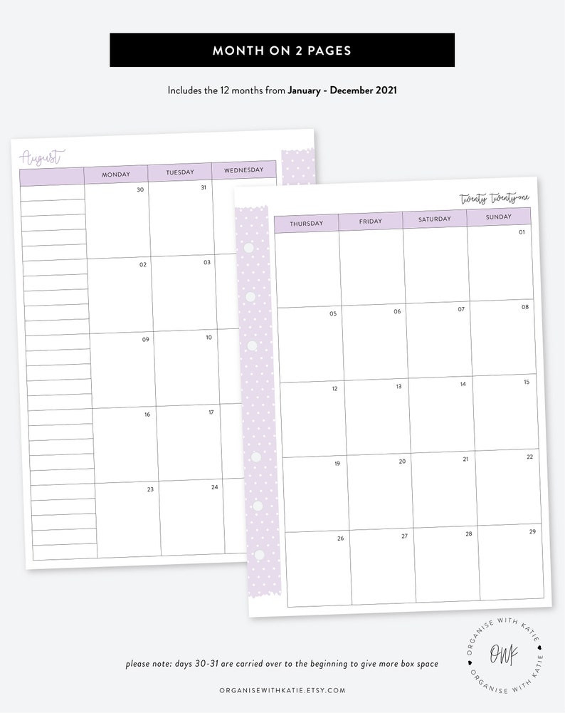 A5 2021 Monthly Planner Printable Month On 2 Pages-2 Page 2021 Calandar