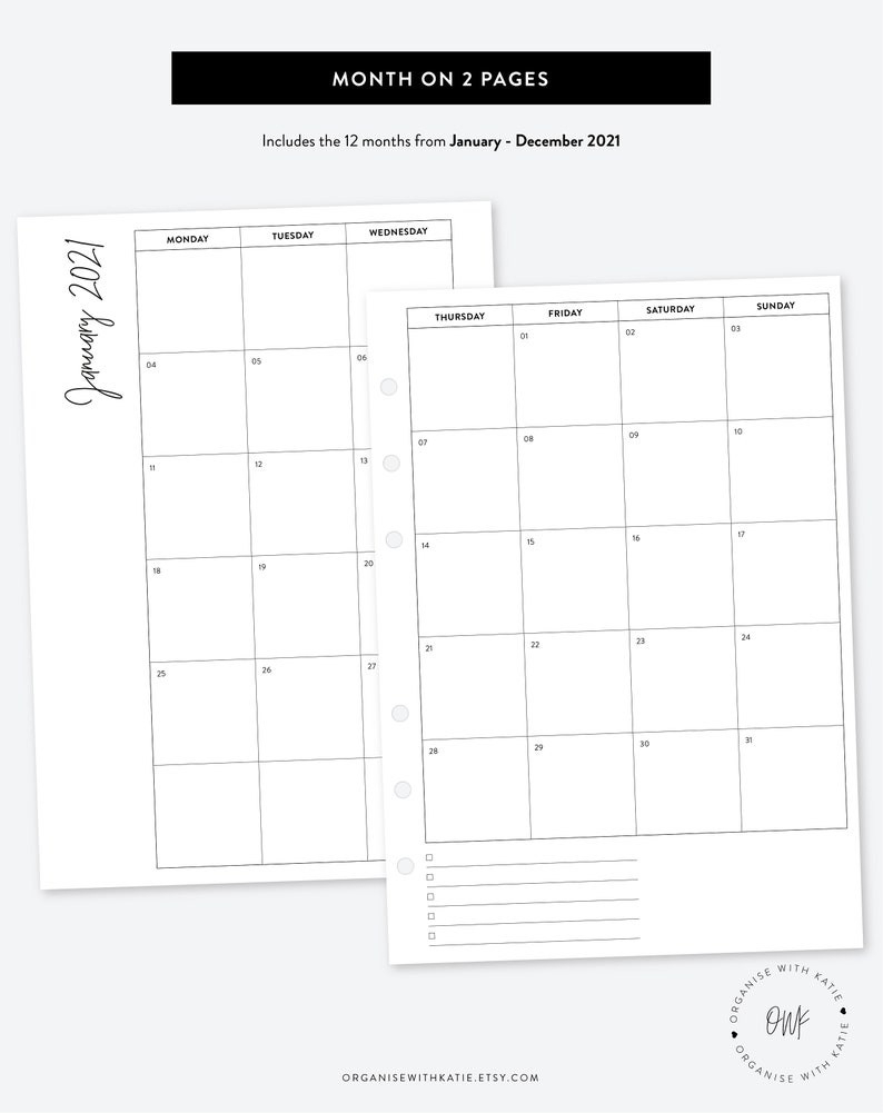 A5 2021 Monthly Planner Printable Month On 2 Pages-2 Page Calendar For 2021