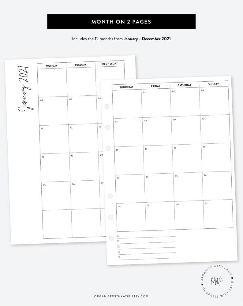 A5 2021 Monthly Planner Printable Month On 2 Pages-Free 2 Page 2021 Calendars