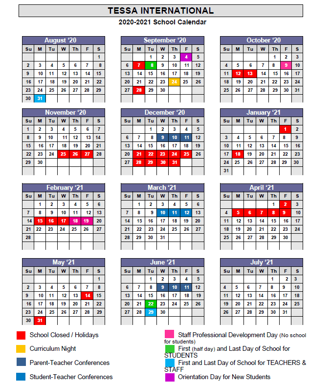 Academic Calendar 2020-2021 - Tessa International School-International School Holidays For 2021