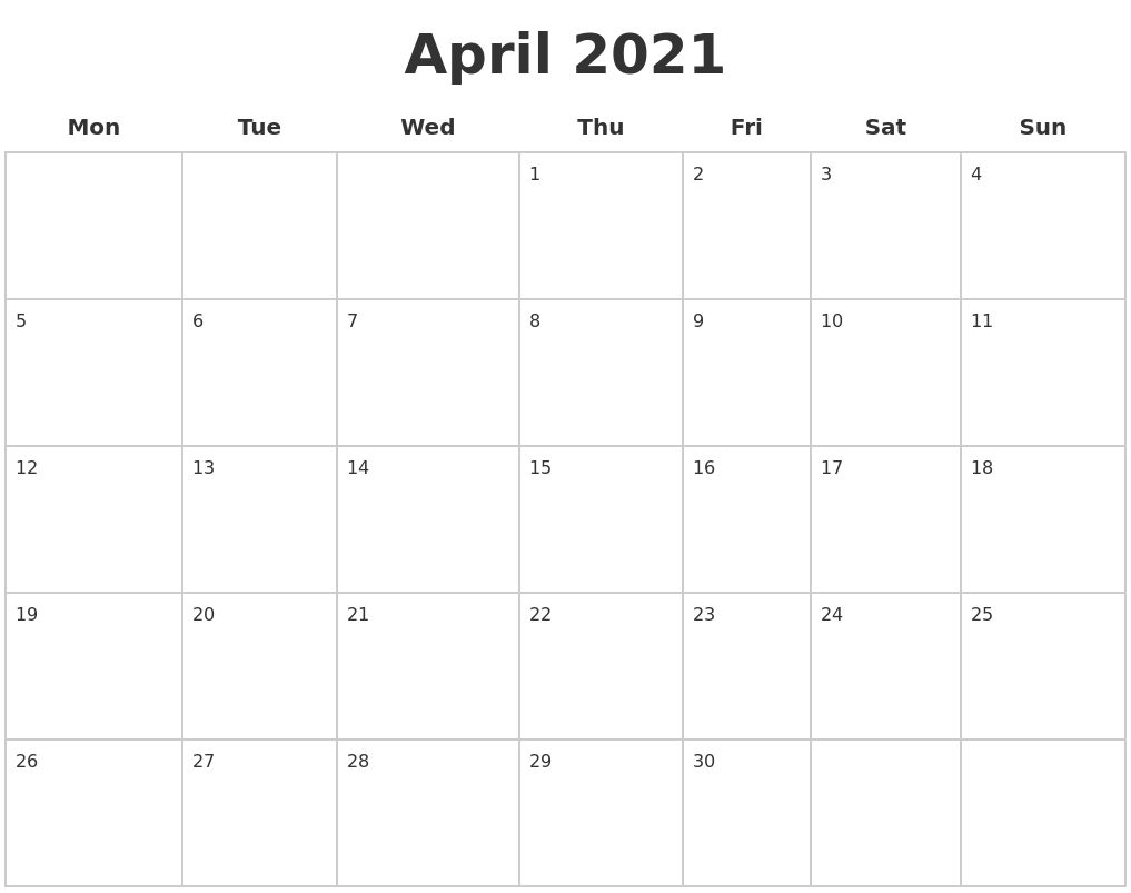 April 2021 Blank Calendar Pages-Blank April 2021 Calendar