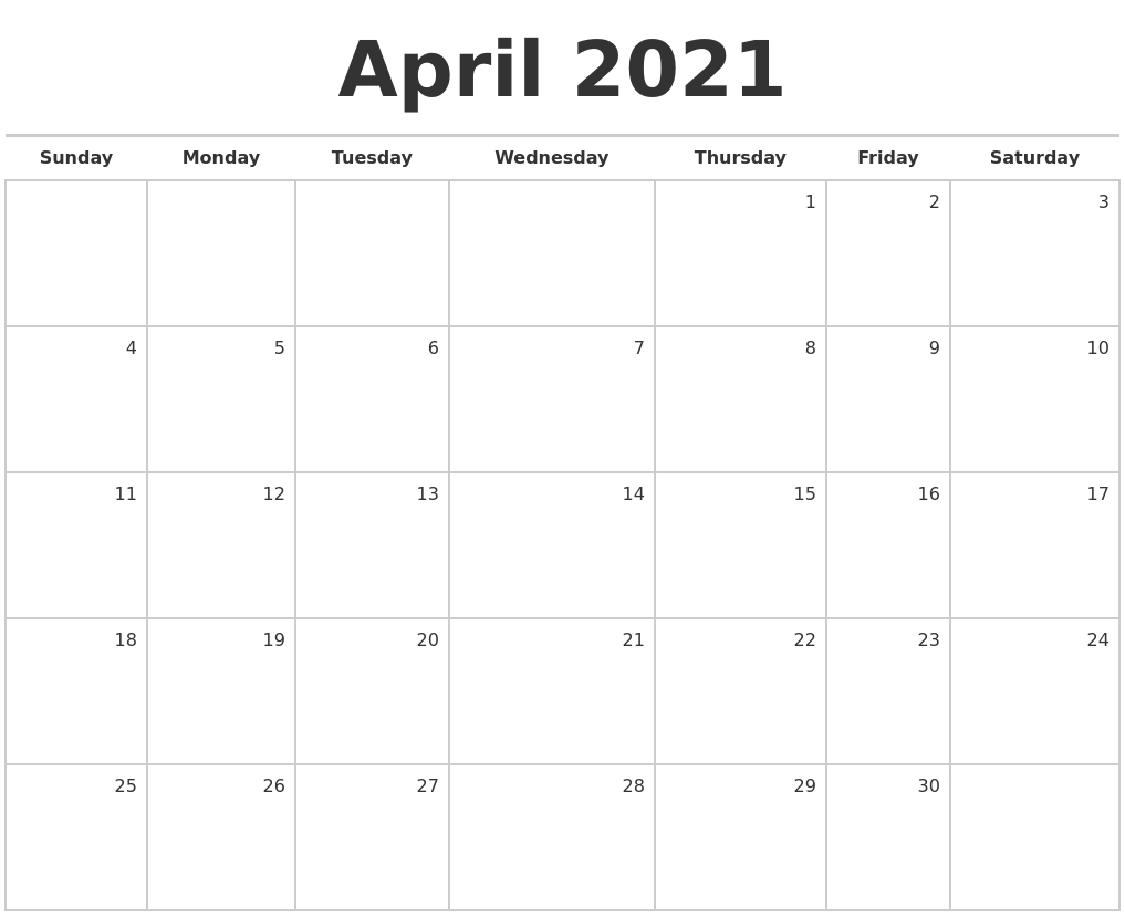 April 2021 Blank Monthly Calendar-2021 April Calendar Printable Calendar