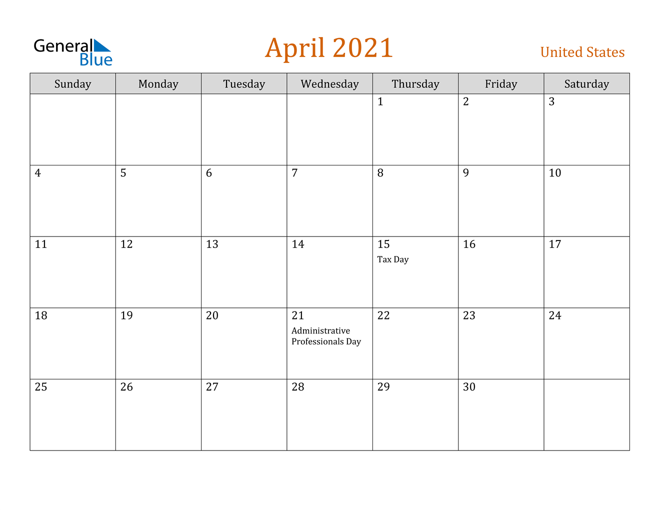 April 2021 Calendar - United States-2021 April Calendar Printable Calendar