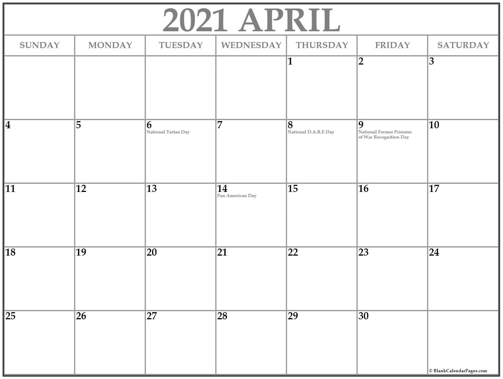 April 2021 Calendar With Holidays-April 2021 Calendar Printable Free