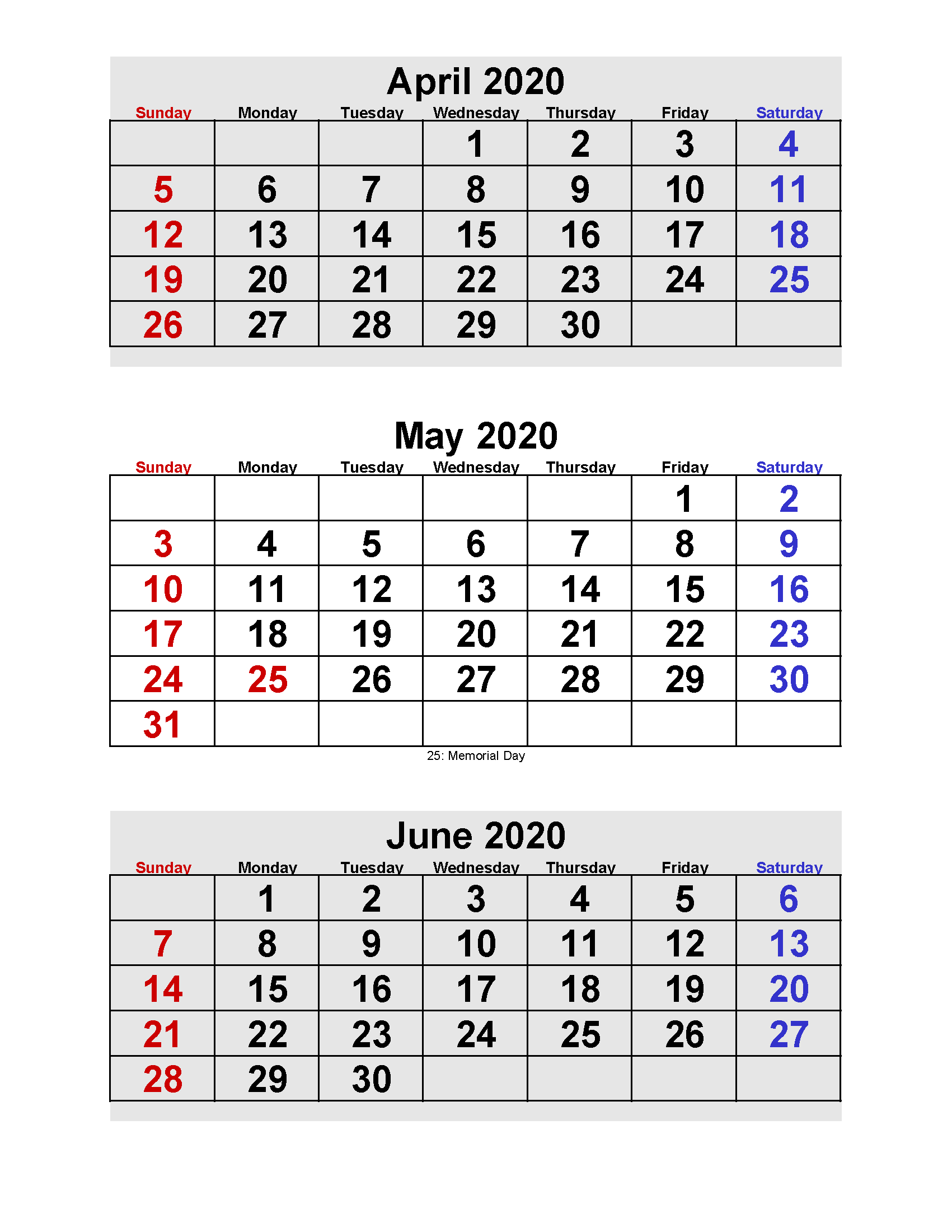 April May June 2020 Calendar 3 Months Per Page Printable-Calendar To Print 2021 4 Months To A Page