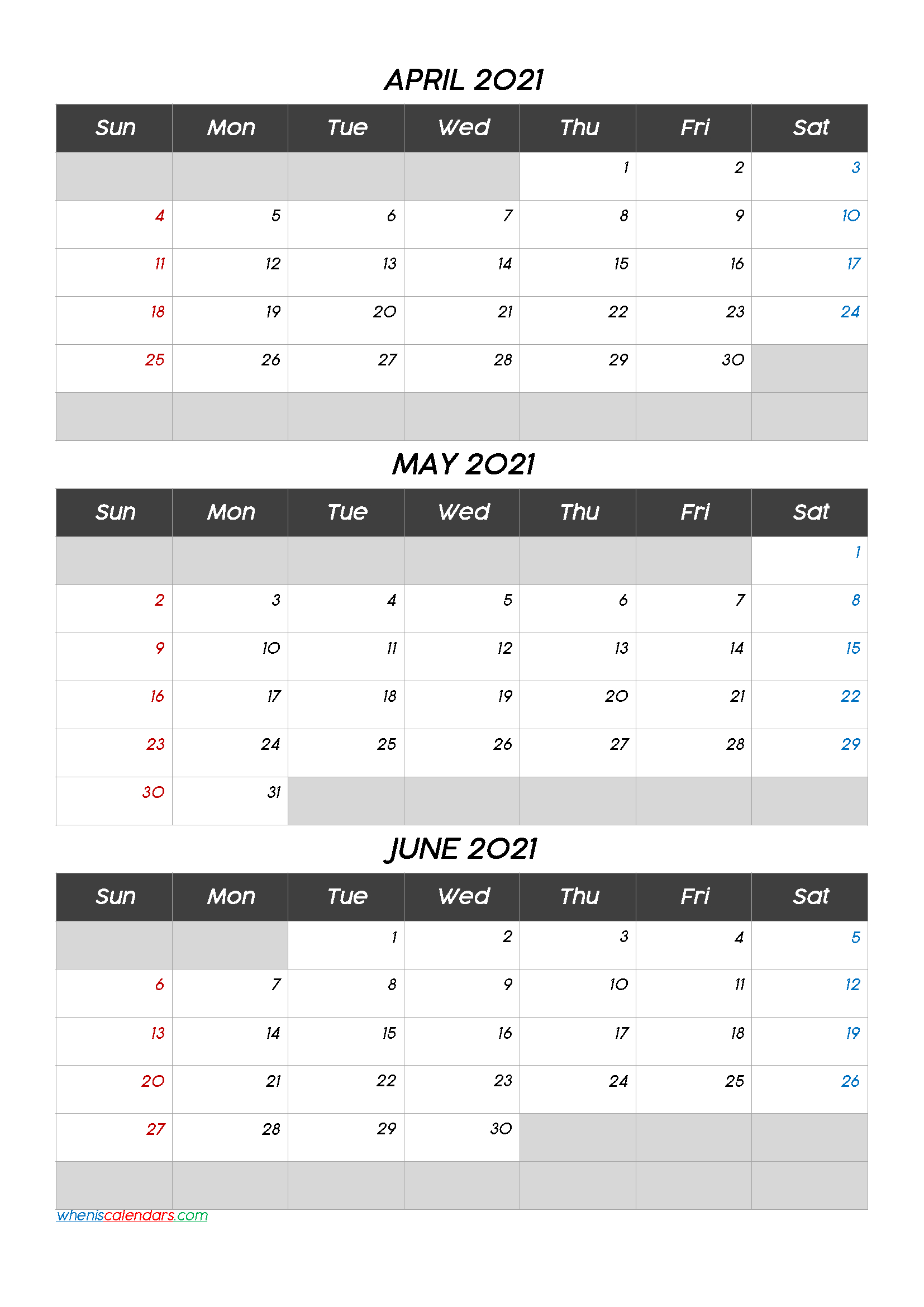 April May June 2021 Printable Calendar [Q1-Q2-Q3-Q4]-3 Month Calendar June-August 2021