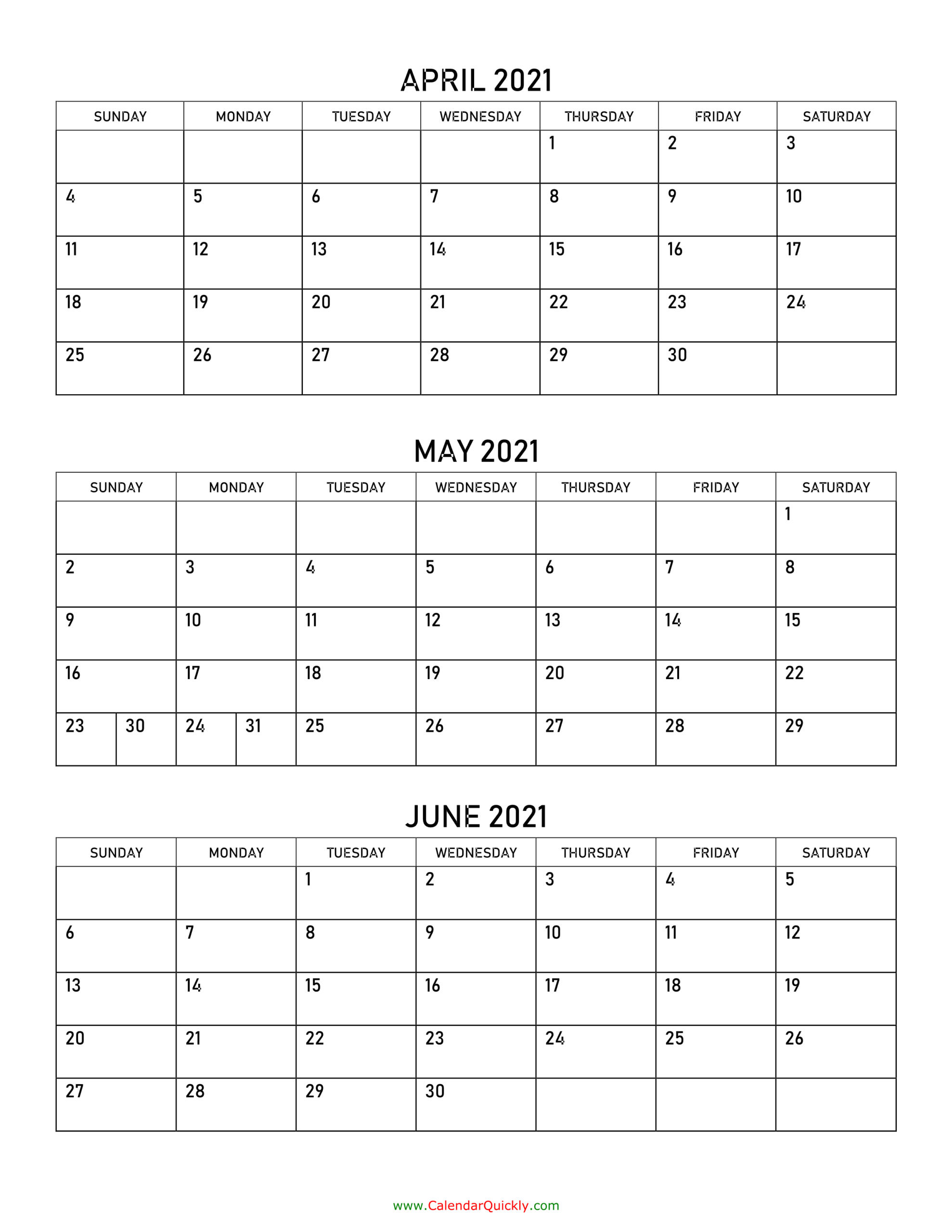 April To June 2021 Calendar | Calendar Quickly-3 Month Calendar June-August 2021