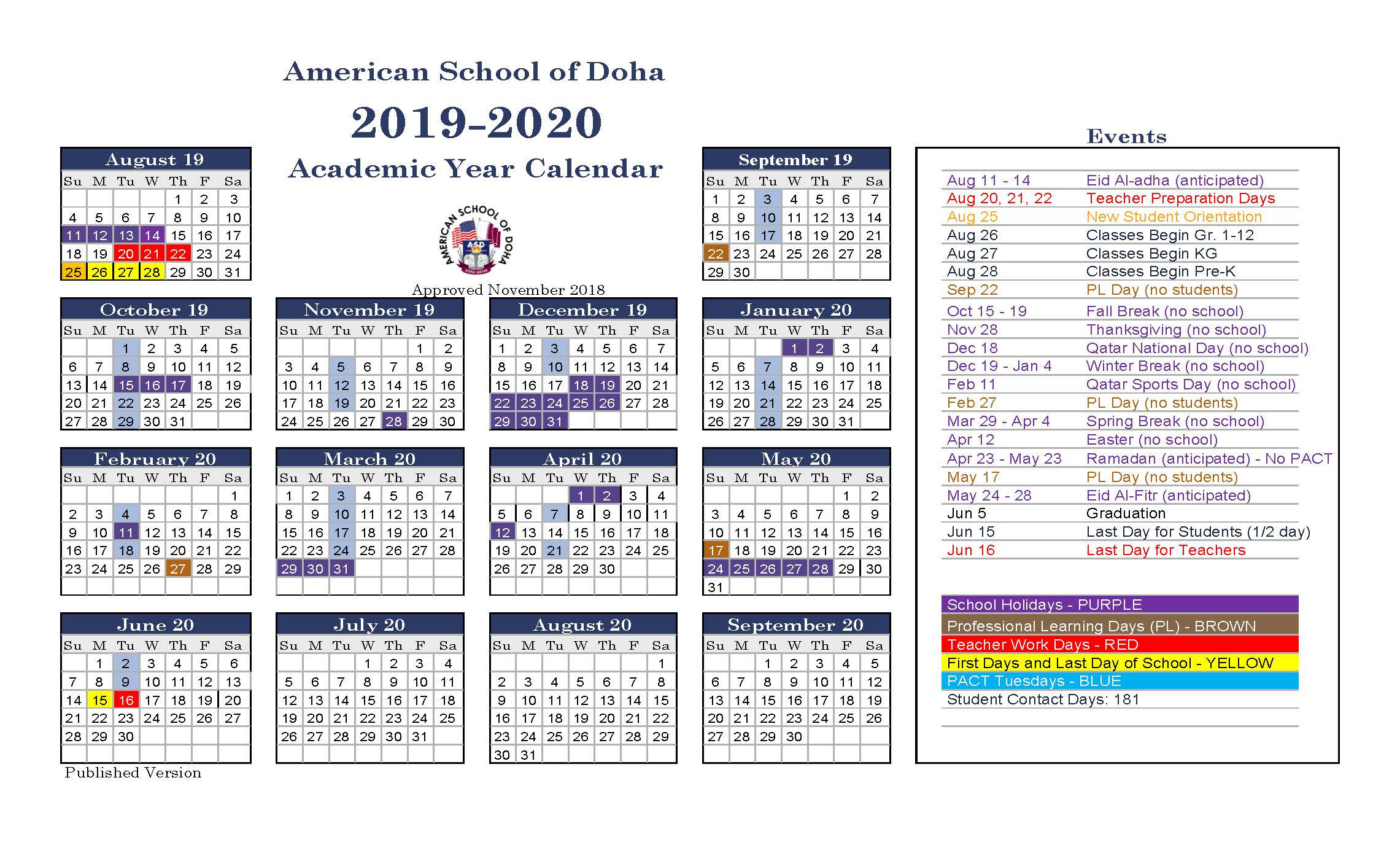 Asd Calendar 2019-2020 - American School Of Doha-International School Vacation Dates 2021