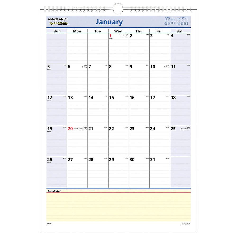 At-A-Glance Pm5228 Quicknotes 12&quot; X 17&quot; Monthly January-2021 Monthly Bills