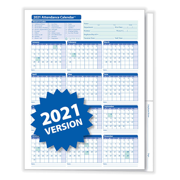 Attendance Calendar Folder | Time And Attendance Record-2021 Attendance Calendar