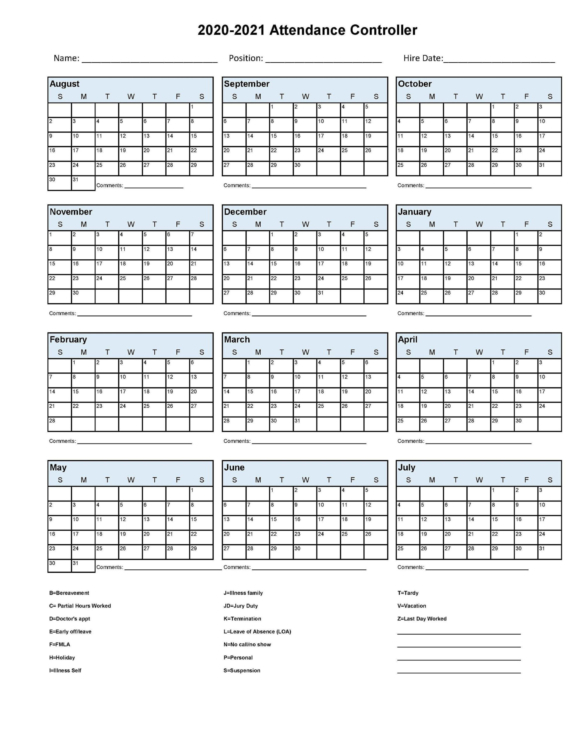 Attendance Record Calendar Free Printable Employee-2021 Printable Free Attendance Tracker