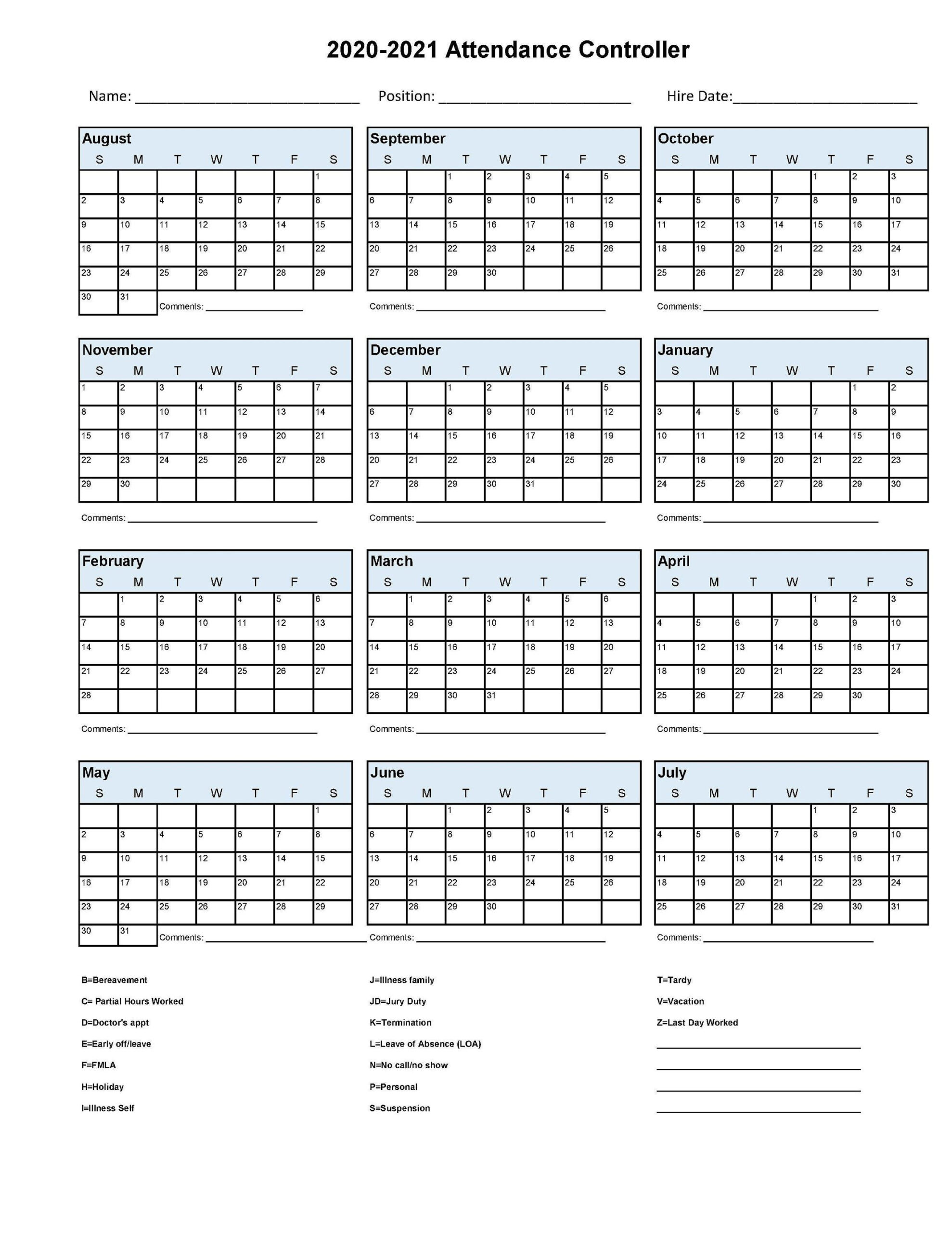 Attendance Record Calendar Free Printable Employee-Printable 2021 Employee Attendance Controller