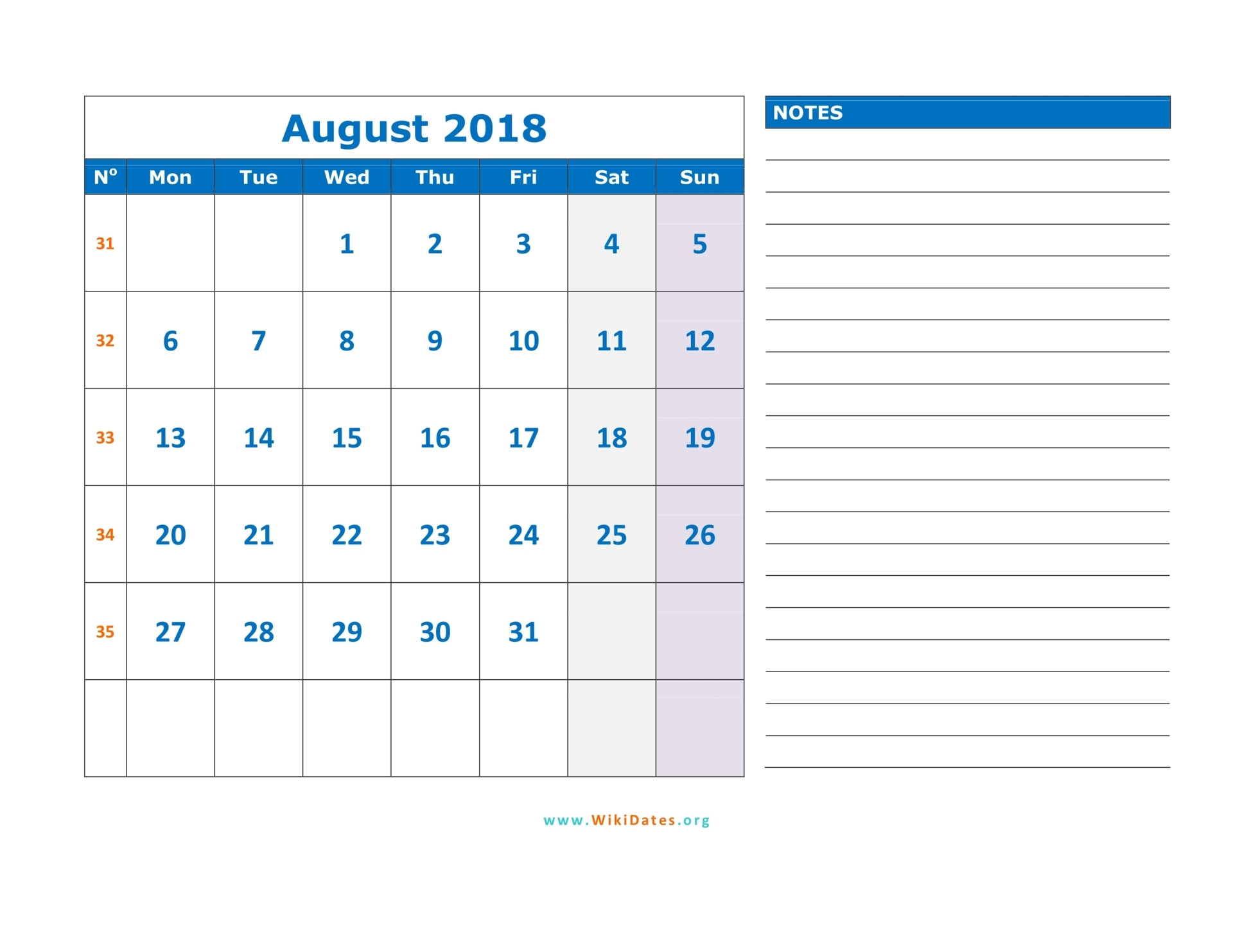 August 2018 Calendar | Wikidates-Blank Il W 9 Form 2021 Printable