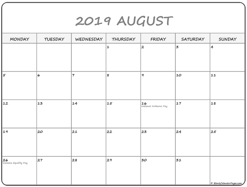 August 2019 Monday Calendar | Monday To Sunday | Calendar-Blank Monthly Calendar Sunday Thru Saturday